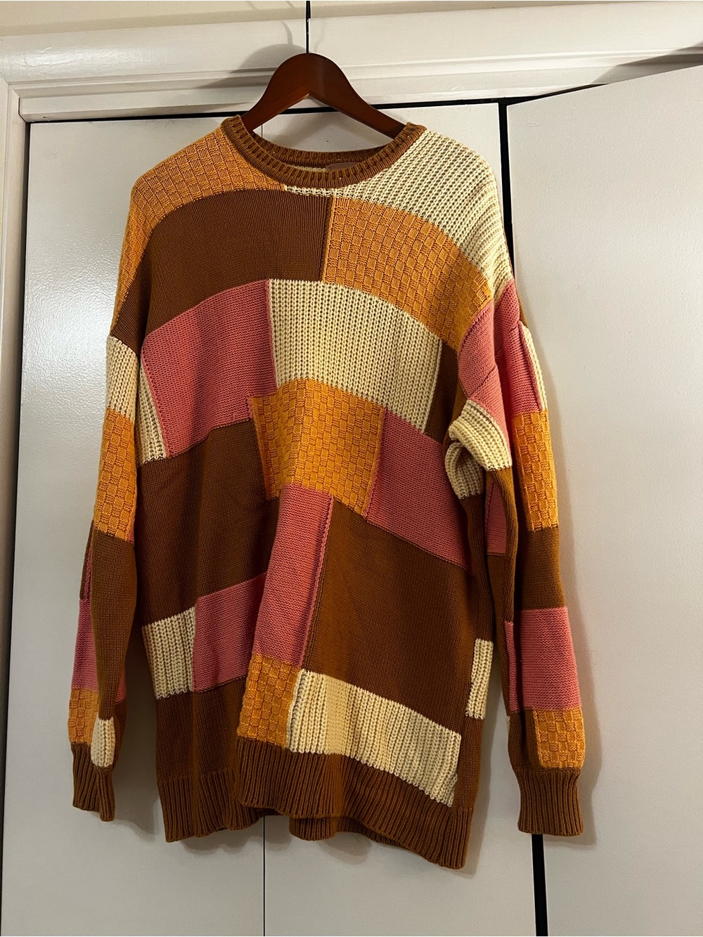 Show Me Your MuMu Patchwork Knit Sweater in Brown, Pink, Cream, Mustard